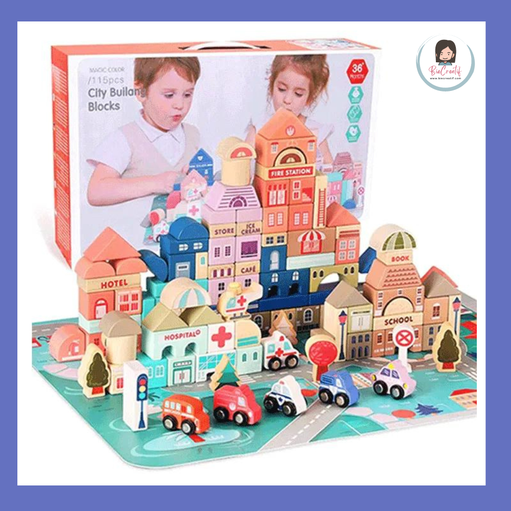 BieCreatif Wooden City Building Blocks Set - 115 PCs 115 PCS Wooden ...